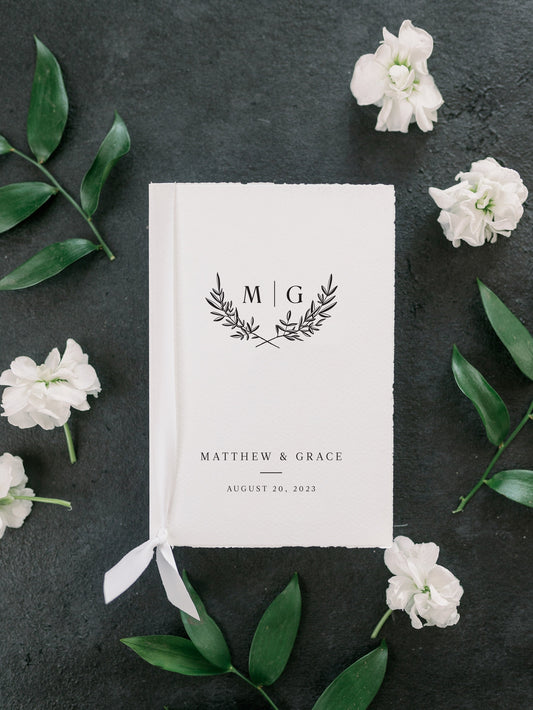 Personalized Leaf Monogram Vow Book and Wedding Day Card